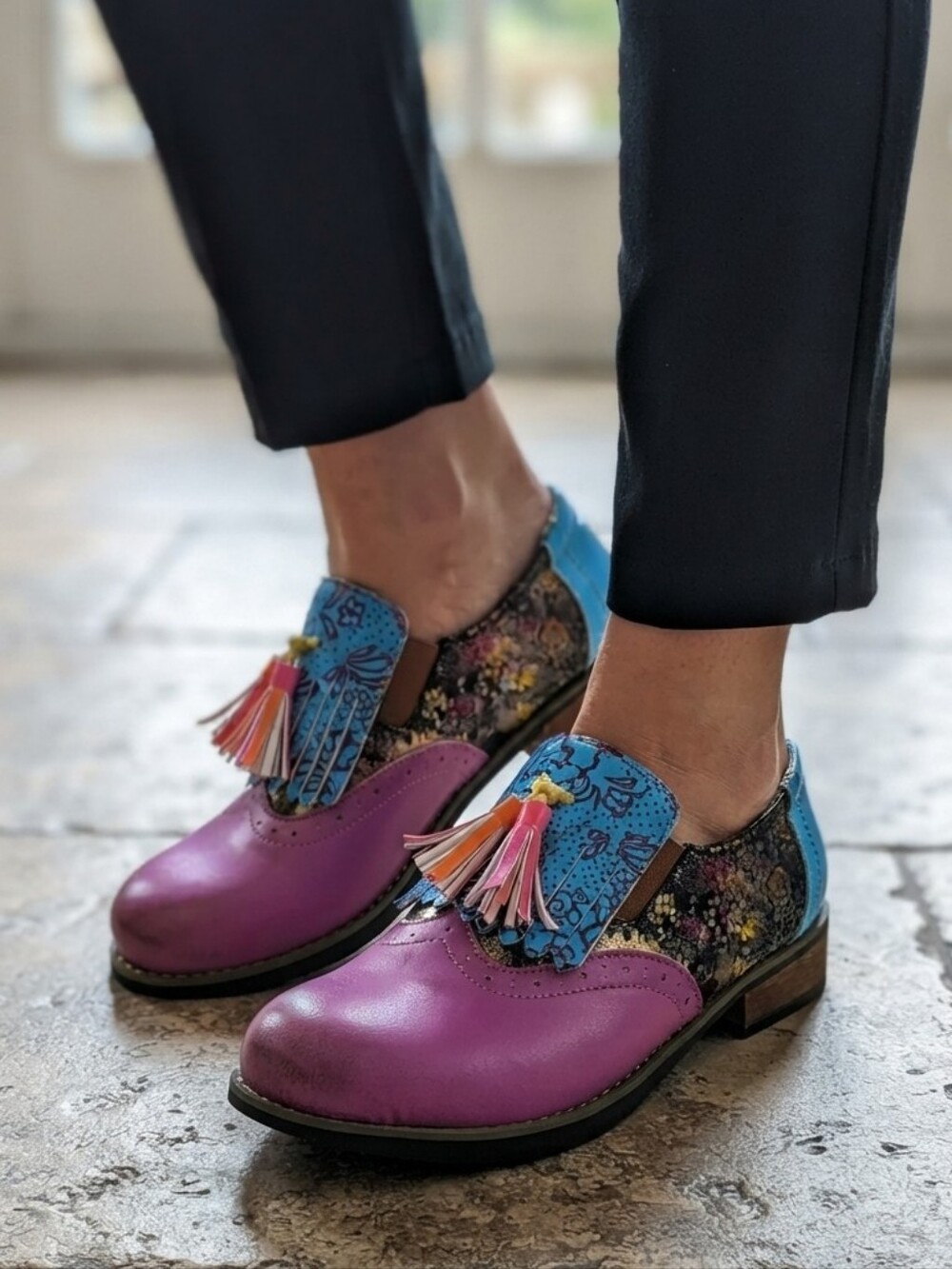 Colorful Leather Tassel Loafers Women's EU 40 Slip On Block Heel Shoes